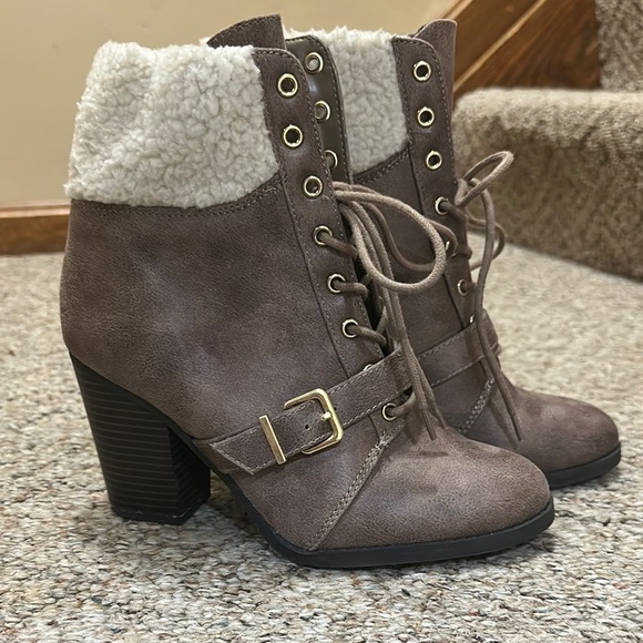 Express Brown and Cream Heeled Boots with Buckle Straps - Picture 1 of 5